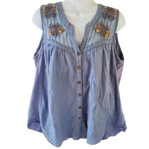 Nine West Sleeveless Blouse Women's M Blue Beaded Button Front Peasant Cottage